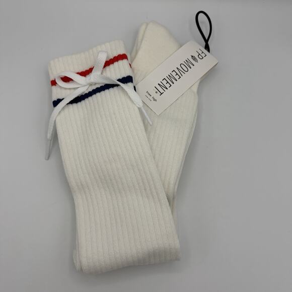Free People Movement White Knee High Socks Stripes Bows One Size NWT - Picture 2 of 8